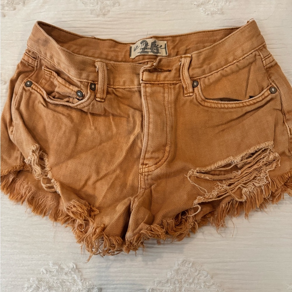 Free People Distressed Tan Denim Shorts